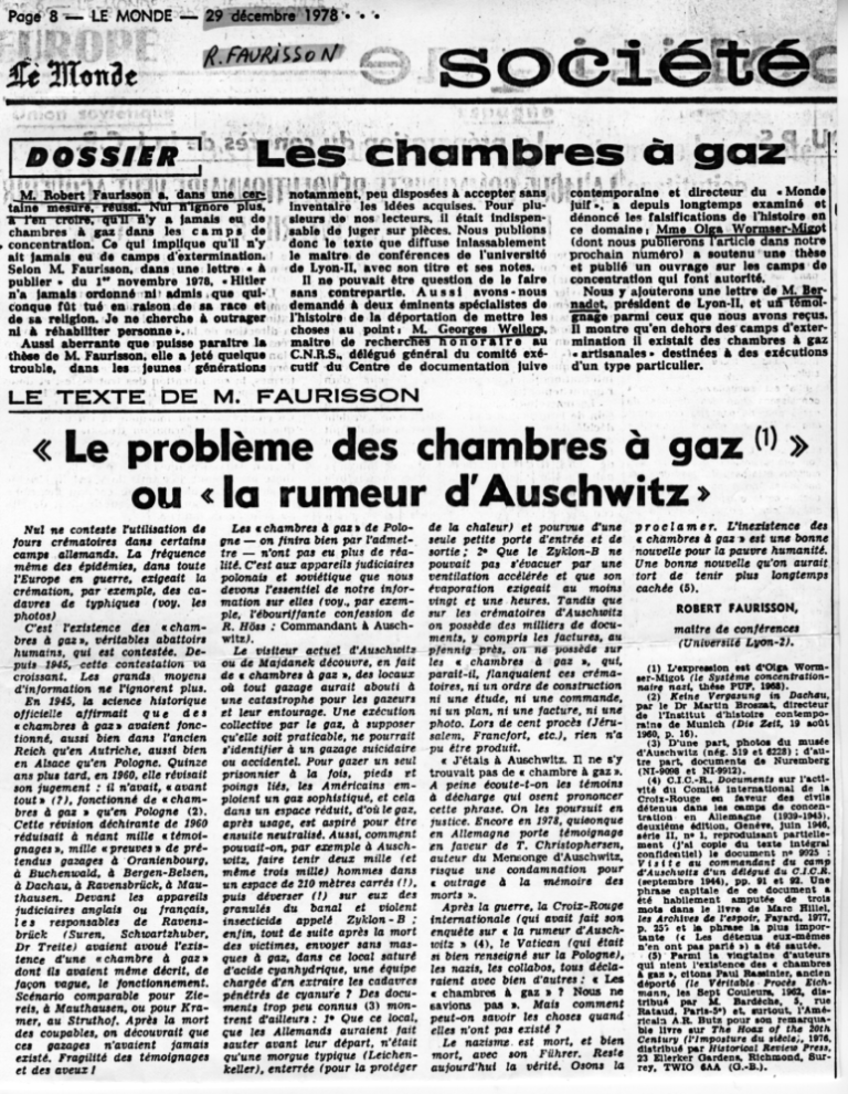 Le 29 décembre 1978, Le Monde publiait, sous ma signature, “Le problème des chambres à gaz” ou ‘la rumeur d’Auschwitz’”